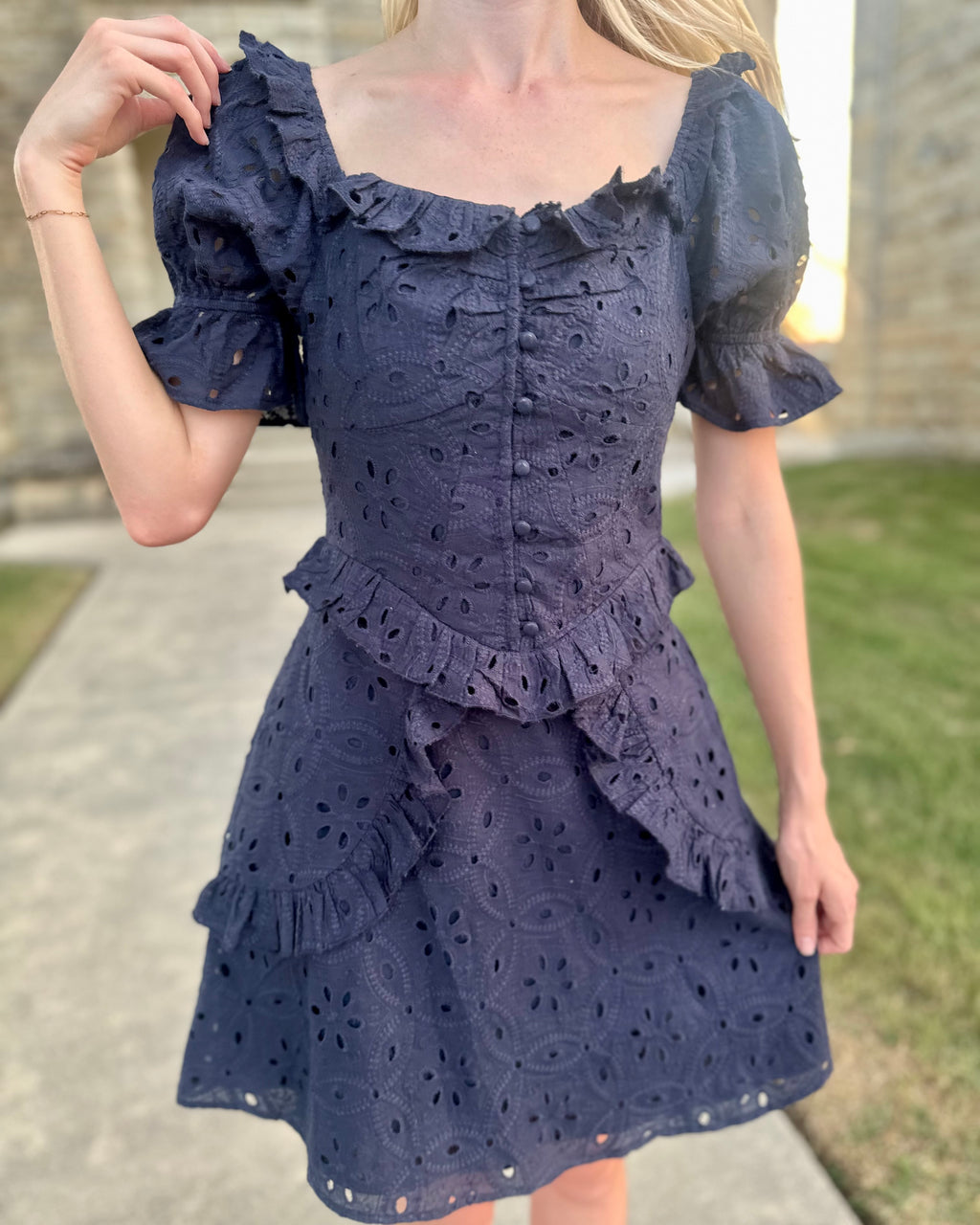 eyelet dress navy blue Alyna Long Sleeve Eyelet Dress True Navy Soiree Eyelet
