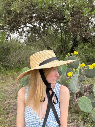 Sun Hat with Black Ribbon Chin Strap