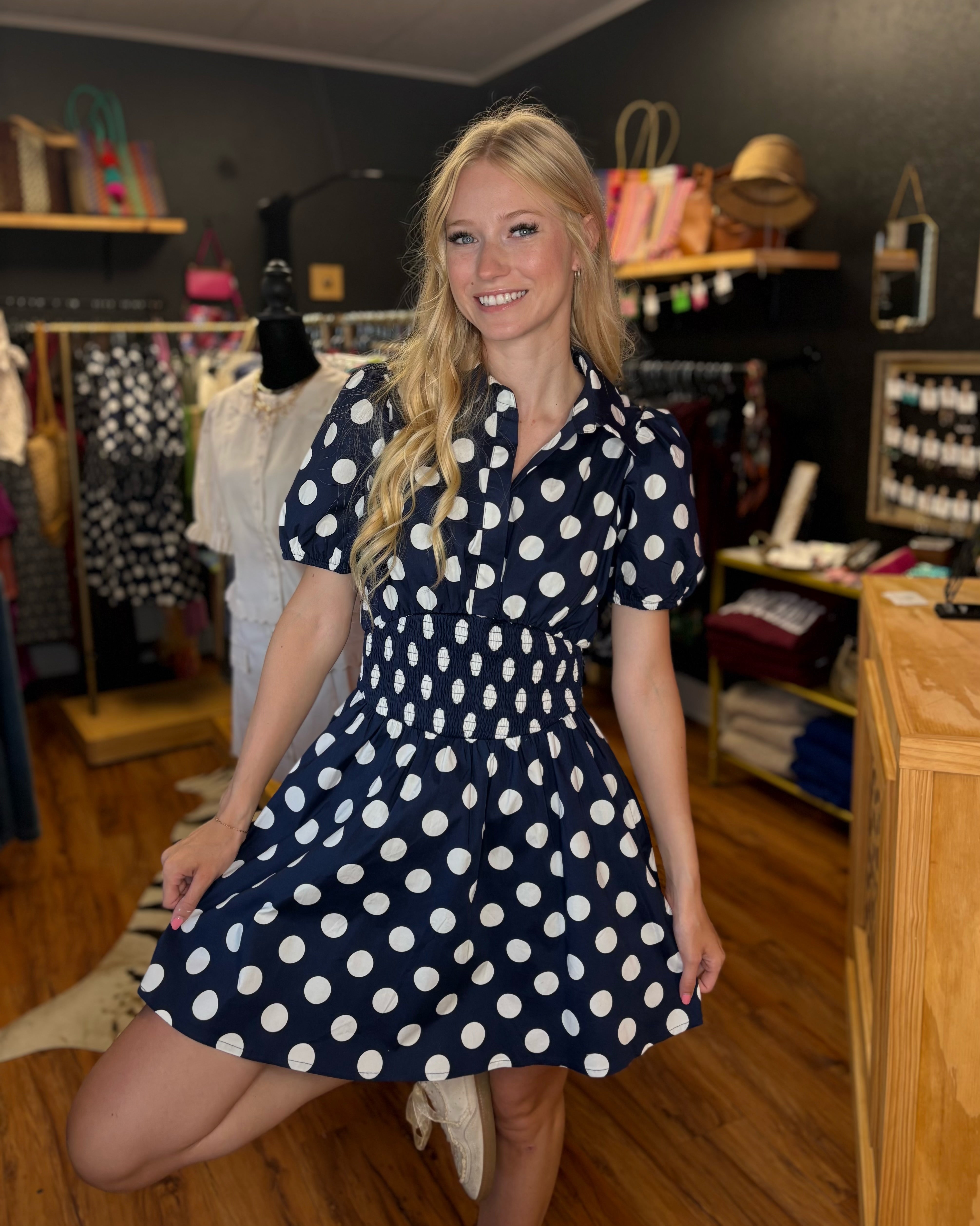 Navy and White Polka Dot Dress – Love, Elvy